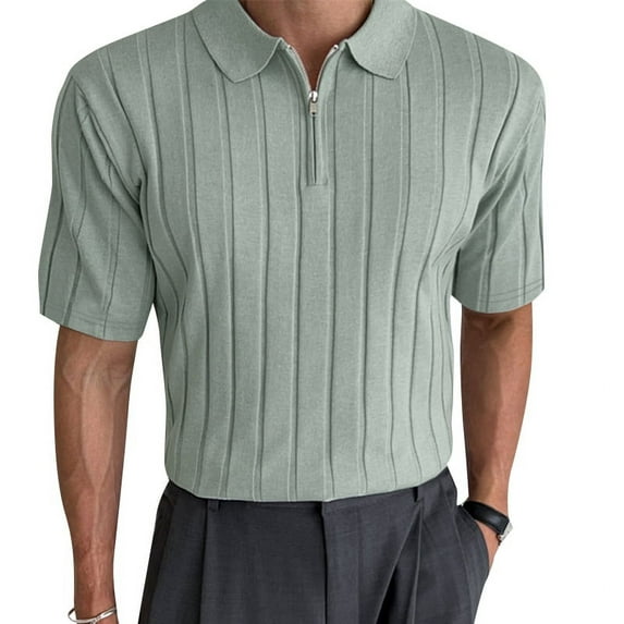 INCERUN Mens Short Sleeve Zip Up Lapel Neck Solid T-Shirt Casual Fit Shirt Formal Tops