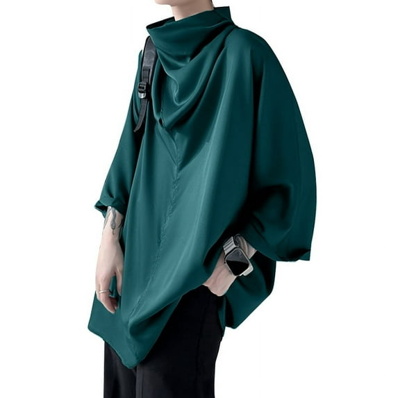 INCERUN Mens Turtleneck Long Sleeve Irregular Blouse Casual Loose Pleated Solid Tops Slippery Shirts