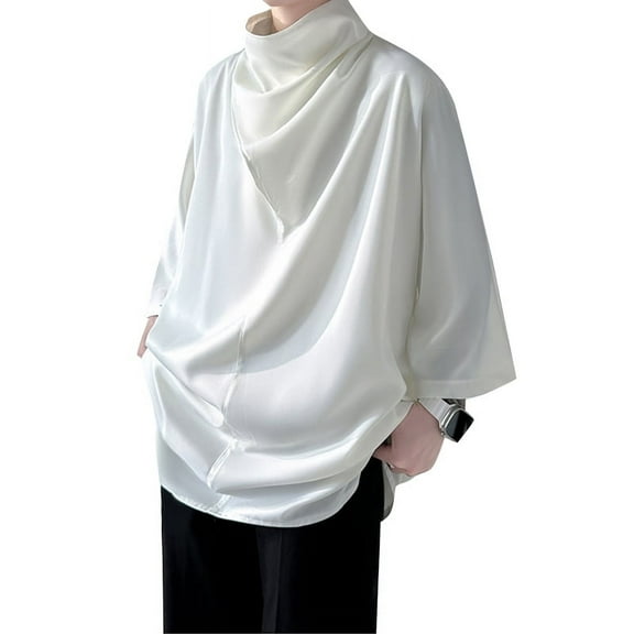 INCERUN Mens Turtleneck Long Sleeve Irregular Blouse Casual Loose Pleated Solid Tops Slippery Shirts