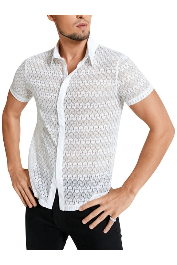 Mens White Sexy Short-sleeved Lace Tops Shirt Breathable See-thru Tops