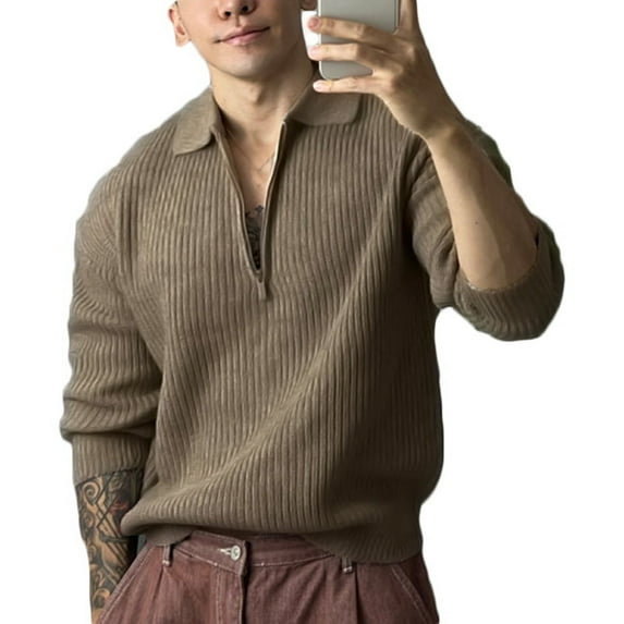 INCERUN Mens Winter Warm Long Sleeve Collared Neck Half Zip Pullover Tops Casual Sweater