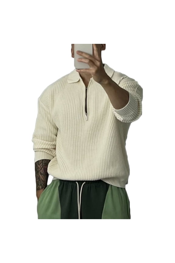 Mens Winter Warm Long Sleeve Collared Neck Half Zip Pullover Tops Casual Sweater