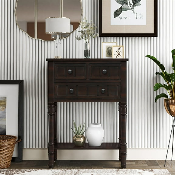 INCLAKE Narrow Console Table, Slim Sofa Table with Three Storage Drawers and Bottom Shelf for Entryway, Wood Rustic Side Table for Living Room Hallway, Easy Assembly, Espresso