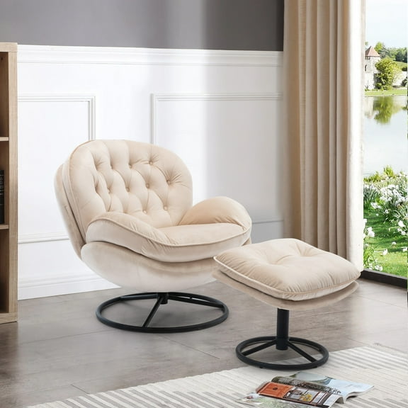 INCLAKE Traditional Upholstered Solid Swivel Accent Chair with Ottoman, Beige