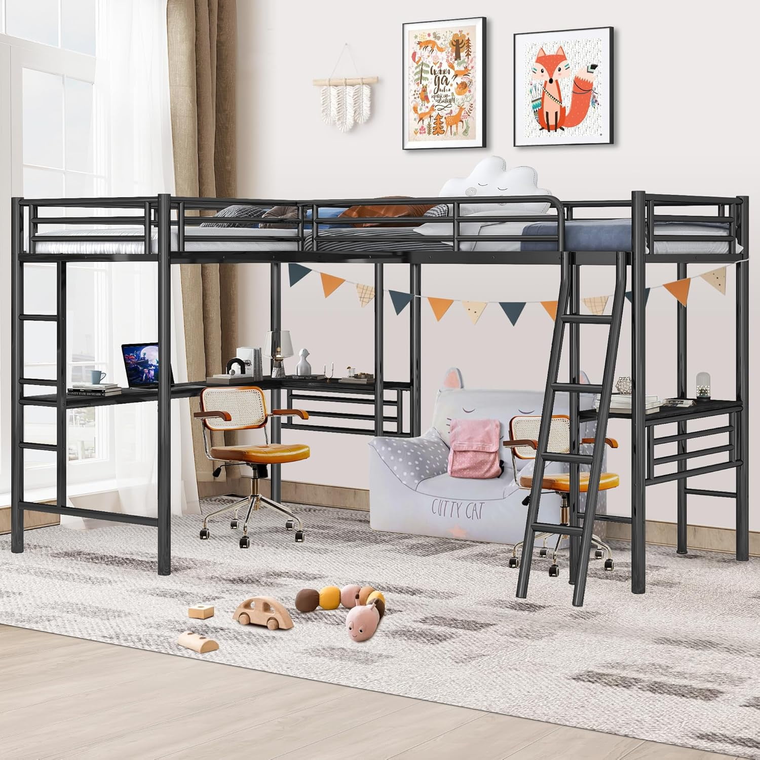 INCLAKE Twin Size LShaped Loft Bed with 2 Builtin Desks, Metal Loft