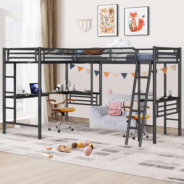 INCLAKE Twin Size LShaped Loft Bed with 2 Builtin Desks, Metal Loft