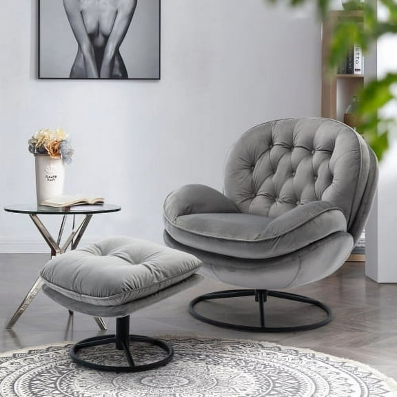 INCLAKE Upholstered Lounge Chair, 2pcs/Set Padded Accent Chair with Ottoman, Backrest and Armrest, Leisure Swivel Sofa Chair with Round Metal Base for Living Room Reading Room, Gray