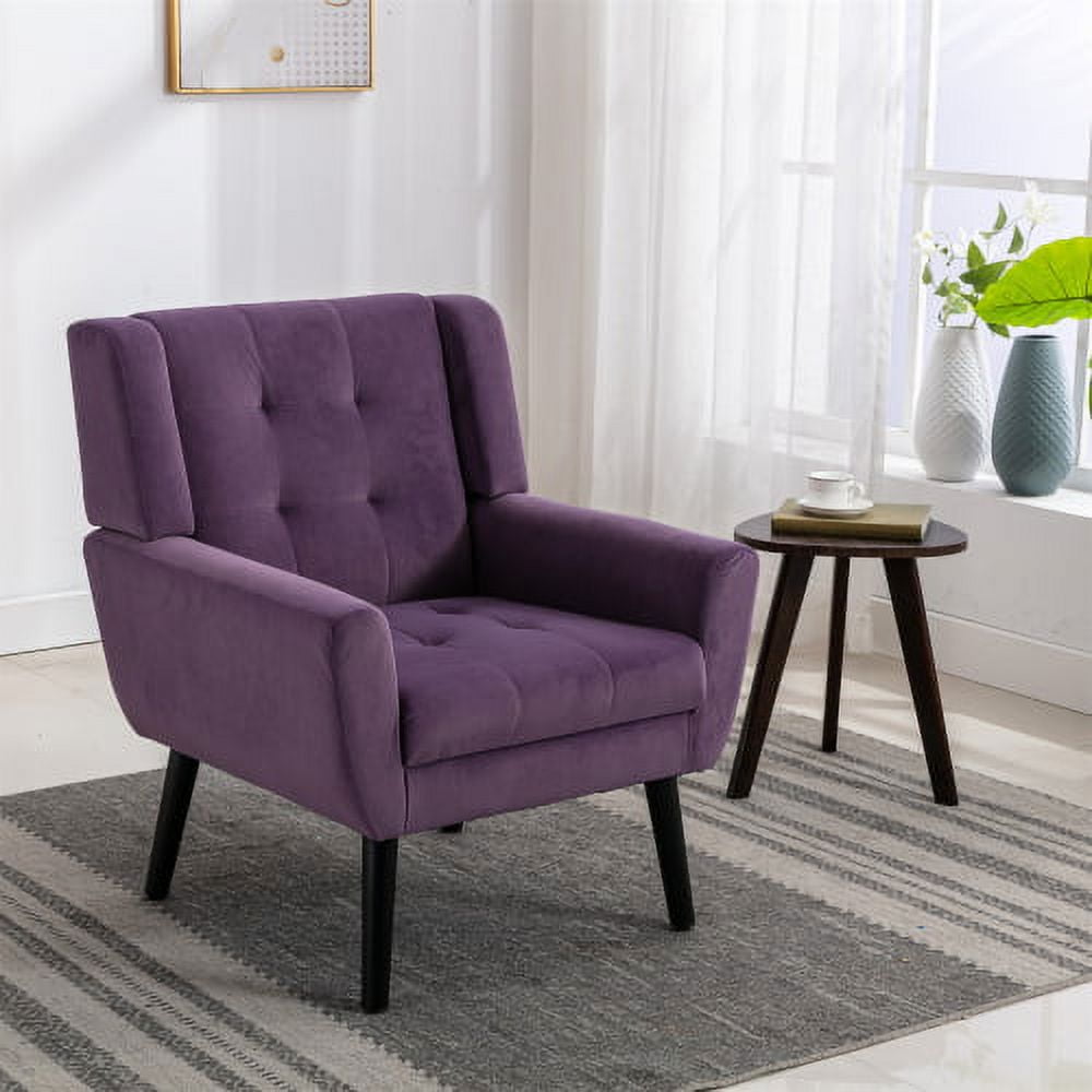 Purple Velvet Upholstered Accent Chair with Wood Legs