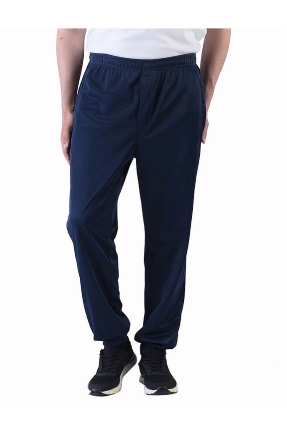 Men's Soft Brushed Athletic Joggers Pants, Zipper Fly Secure Zip Pockets, Ribbed Cuffs Sweatpants Navy Blue L