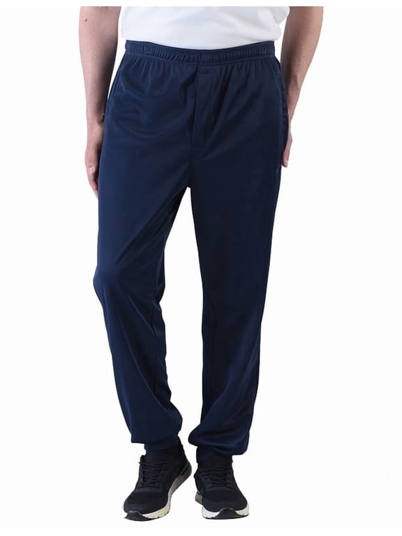 Men's Soft Brushed Athletic Joggers Pants, Zipper Fly Secure Zip Pockets, Ribbed Cuffs Sweatpants Navy Blue L