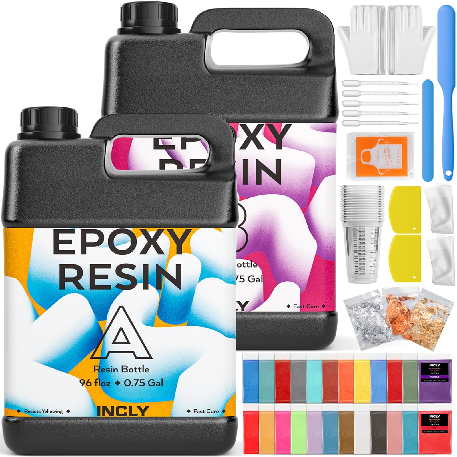 INCLY 1.5 Gallon Crystal Clear Epoxy Resin Kit with 24 Colors Mica Powder & Silicone Tools, Epoxy Resin Supplies, Casting & Coating for Jewelry Making, Craft Tabletop, Art Painting, Molds