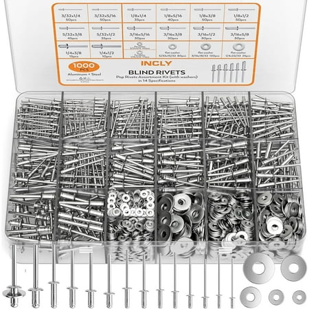INCLY 1000PCS Aluminum Pop Rivets Assortment Kit, 14 Sizes Pop Rivets (3/32" 1/8" 5/32" 3/16" 1/4") with 5 Size 304 Stainless Steel Backup Washers, Assorted Blind Rivets for Metal with Storage Case price history and forecast - Incly