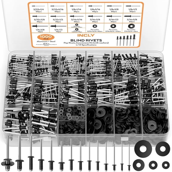 INCLY 1000PCS Black Aluminum Pop Rivets Set, 14 Sizes (3/32" 1/8" 5/32" 3/16" 1/4") + 5 - Size 304 Stainless Steel Washers, with Case