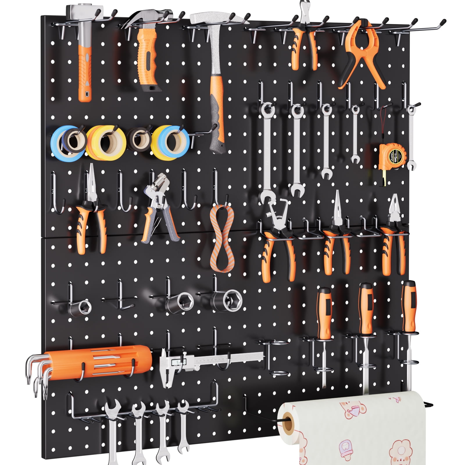 INCLY 100PCS Black Pegboard Wall Organizer Kit, 24x24 Inch Metal Pegboard Panels Utility Tool Organizer with Hooks & Paper Towel Holder, Pegboard Storage System for Garage Workbench Shed