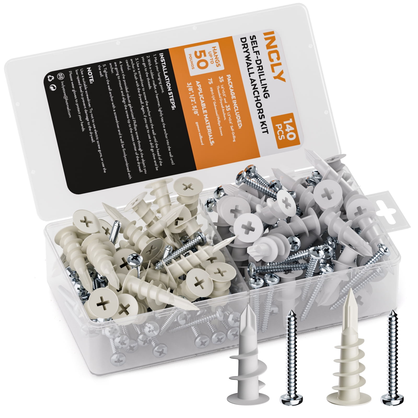 INCLY 140Pcs 8 Drywall Anchors Kit Self Drilling, 70 Plastic Dry Wall