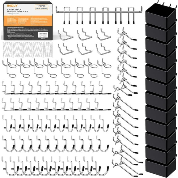 INCLY 170PCS 1/4 Inch Pegboard Hooks Kit, Extra Thick Heavy Duty Peg Board Organizer Accessories Assortment with Pegboard Bins & Peg Lock for Only 1/4" Pegboard Hanging Tools Garage Wall Attachment