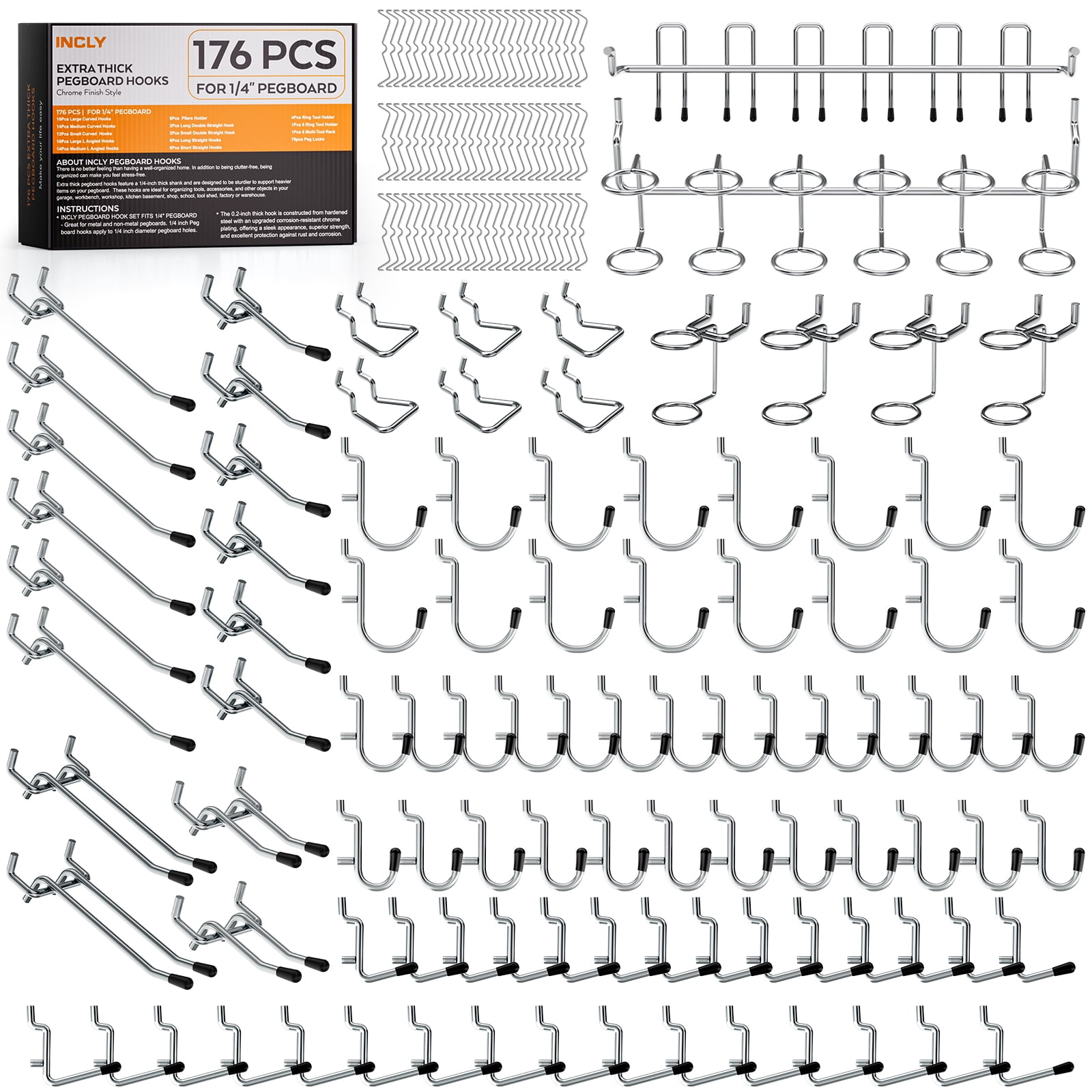INCLY 176PCS Extra Thick Pegboard Hooks, 1/4" Heavy Duty Metal Peg Board Hooks Assortment with Peg Locks Pegboard Accessories Kit for Garage Wall Organizer Hanging Tools