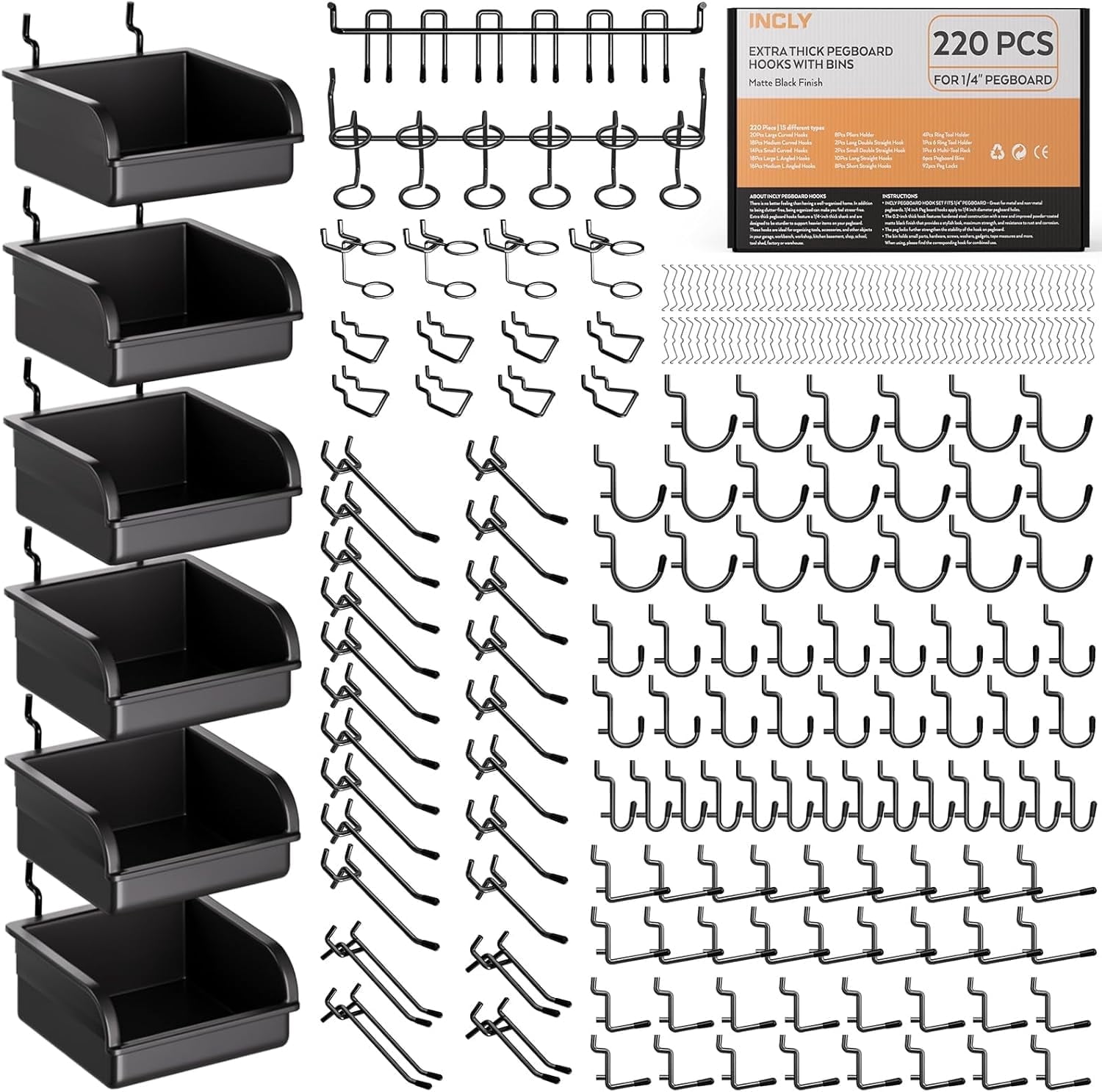 INCLY 220PCS Extra Thick 1/4" Pegboard Accessories Organizer Kit, Heavy Duty Black Pegboard Hooks with Bins and Peg Lock, Peg Board Hooks Assortment for Garage Wall Attachments Hanging Tools