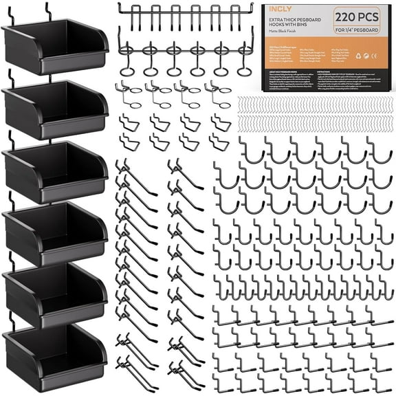 INCLY 220PCS Extra Thick 1/4" Pegboard Accessories Organizer Kit, Heavy Duty Black Pegboard Hooks with Bins and Peg Lock, Peg Board Hooks Assortment for Garage Wall Attachments Hanging Tools