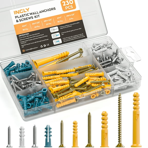 INCLY 230PCS Drywall Anchors and Screws Kit, 115 Plastic Self Drilling Wall Anchors and 115 Philips Drywall Screws, 5 Sizes Galvanized Wall Anchors and Screws Assortment Kit with Organizer Box