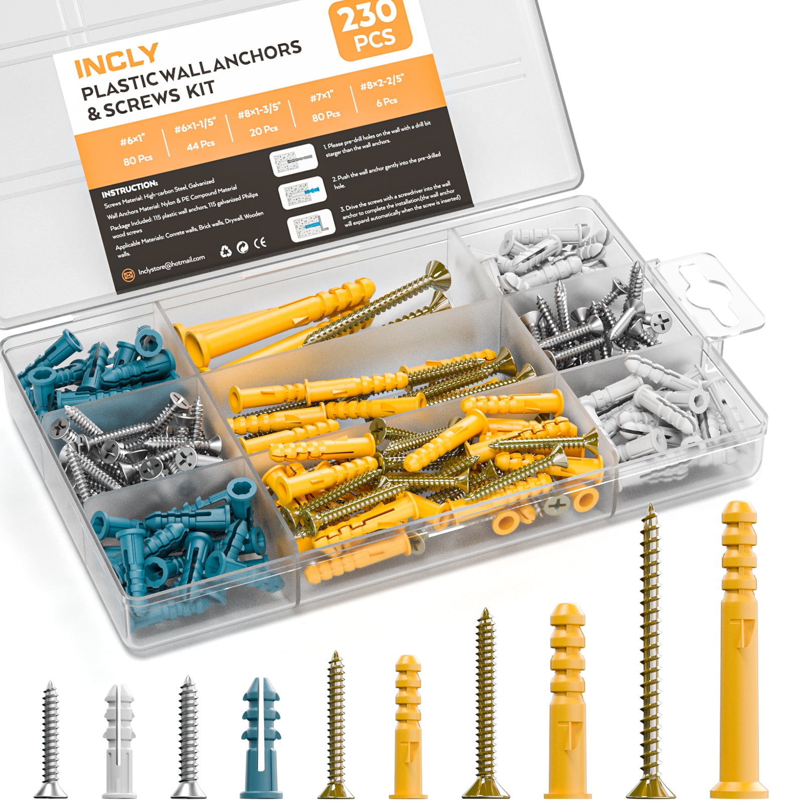 INCLY 230PCS Drywall Anchors and Screws Kit, 115 Plastic Self Drilling
