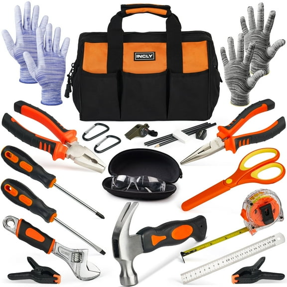 INCLY 24 PCS Real Tool Set with Tool Bag, Boys Small Real Hand Tools Kit, Construction Learning Tools Hammer Screwdriver for Home DIY Building and Woodworking