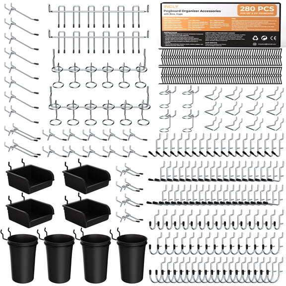 INCLY 280PCS Upgraded Pegboard Accessories Organizer Kit, Peg Board Hooks Assortment with Bins & Cups for Organizing Tools, Fit 1/8 or 1/4 inch Pegboard for Garage Workshop Wall Hanging Tools
