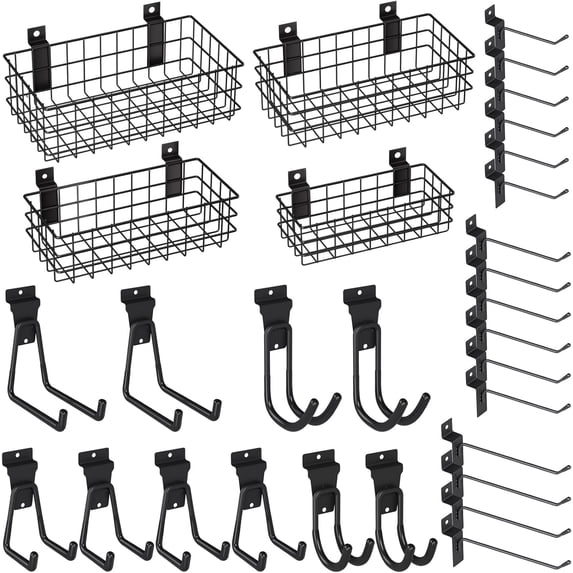 INCLY 30PCS Slatwall Accessories Set, Includes 4 Pack Ventilated Metal Wire Slatwall Baskets and 26PCS Multisized Heavy Duty Slatwall Hooks for Garage Rooms Shops Storage Organizing Display