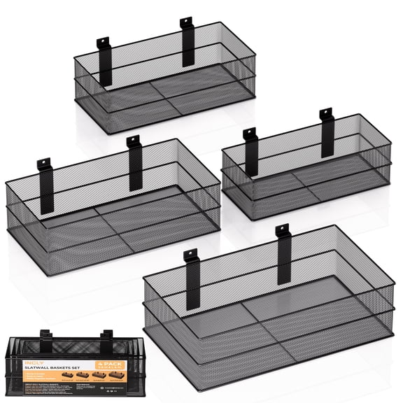 INCLY 4 Pack Upgrade Slatwall Baskets, Heavy Duty Metal Mesh Slat Wall Basket, Mounted Hanging Storage Slatwall Accessories for Garage Organizing Shop Display on Slat Wall Panels