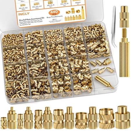 INCLY 440PCS Threaded Insert Kit - M2 to M6 Brass Heat - Set Inserts for Plastic, 3D Printing, Wood - Ideal for Nuts, Screws, Bolts - Includes Soldering & Heat - Set Tips, Soldering Iron Adapter