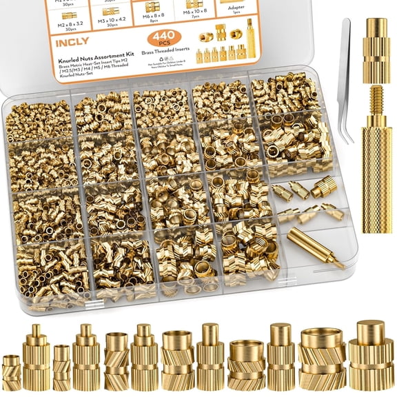 INCLY 440PCS Threaded Insert Kit - M2 to M6 Brass Heat - Set Inserts for Plastic, 3D Printing, Wood - Ideal for Nuts, Screws, Bolts - Includes Soldering & Heat - Set Tips, Soldering Iron Adapter