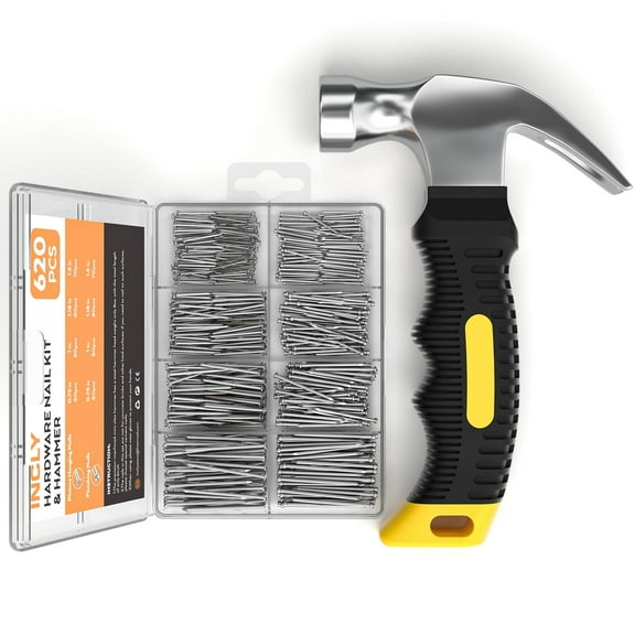 INCLY 620 PCS Small Nails for Hanging Pictures Assortment Kit with 8oz Claw Small Hammer, Mini Hammer Set with Hardware Nails Assorted Set 310 Wall Nails & 310 Finish Nails for Installing with Case