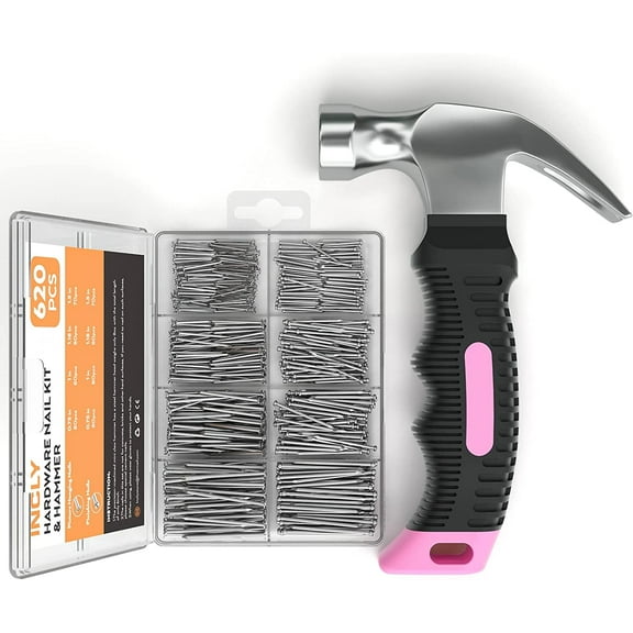 INCLY 620 PCS Small Nails for Hanging Pictures Assortment Kit with 8oz Pink Small Hammer, Mini Hammer Set with Hardware Nails Assorted Set 310 Wall Nails & 310 Finish Nails for Installing with Case