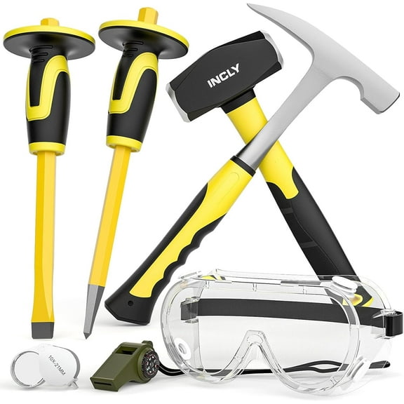 INCLY 7 Pcs Geology Rock Pick Equipment Kit, 3lb Sledge &32 oz Rock Hammer with 2PCS 12" Mason Concrete Chisel.Safety Glasses, Jewelers loupe, Tool Set for Hounding, GoldMining, Stone Breaking