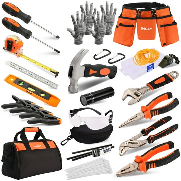 INCLY 95 Pcs Real Tool Set, Boys Small Real Hand Tools Kit, Construction Learning Tools Hammer Screwdriver for Home DIY Building and Woodworking, Come with Tool Belt & Bag