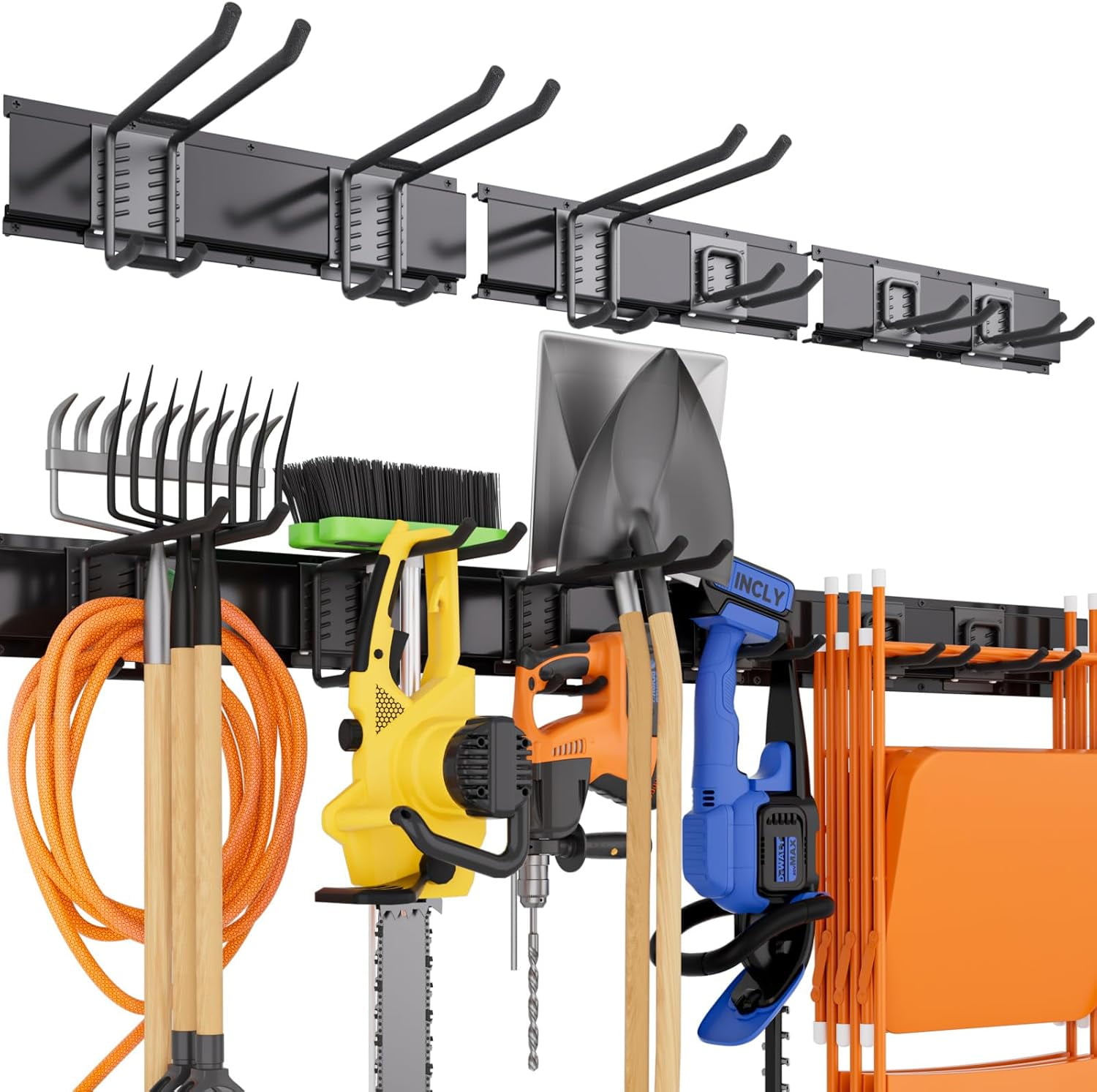 INCLY Garage Garden Tool Organizer Wall Mount, 48 Inch Black Metal Yard Tool Holder Stroage System, Heavy Duty Garage Wall Organization with 3 Racks & 6 Adjustable Hooks for Shovel, Rake, Chairs