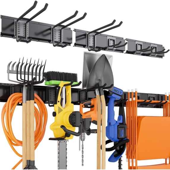 INCLY Garage Garden Tool Organizer Wall Mount, 48 Inch Black Metal Yard Tool Holder Stroage System, Heavy Duty Garage Wall Organization with 3 Racks & 6 Adjustable Hooks for Shovel, Rake, Chairs