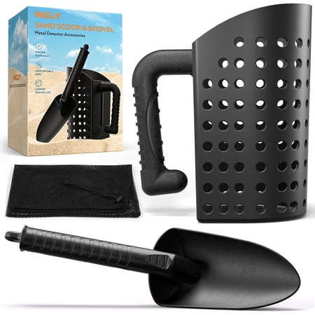 INCLY Sand Scoop & Shovel, Detecting Accessories for Adult Metal Detector, Sand Sifter Treasure Hunting & Digging Tool at The Beach & More, Black - Come with Mesh Bag