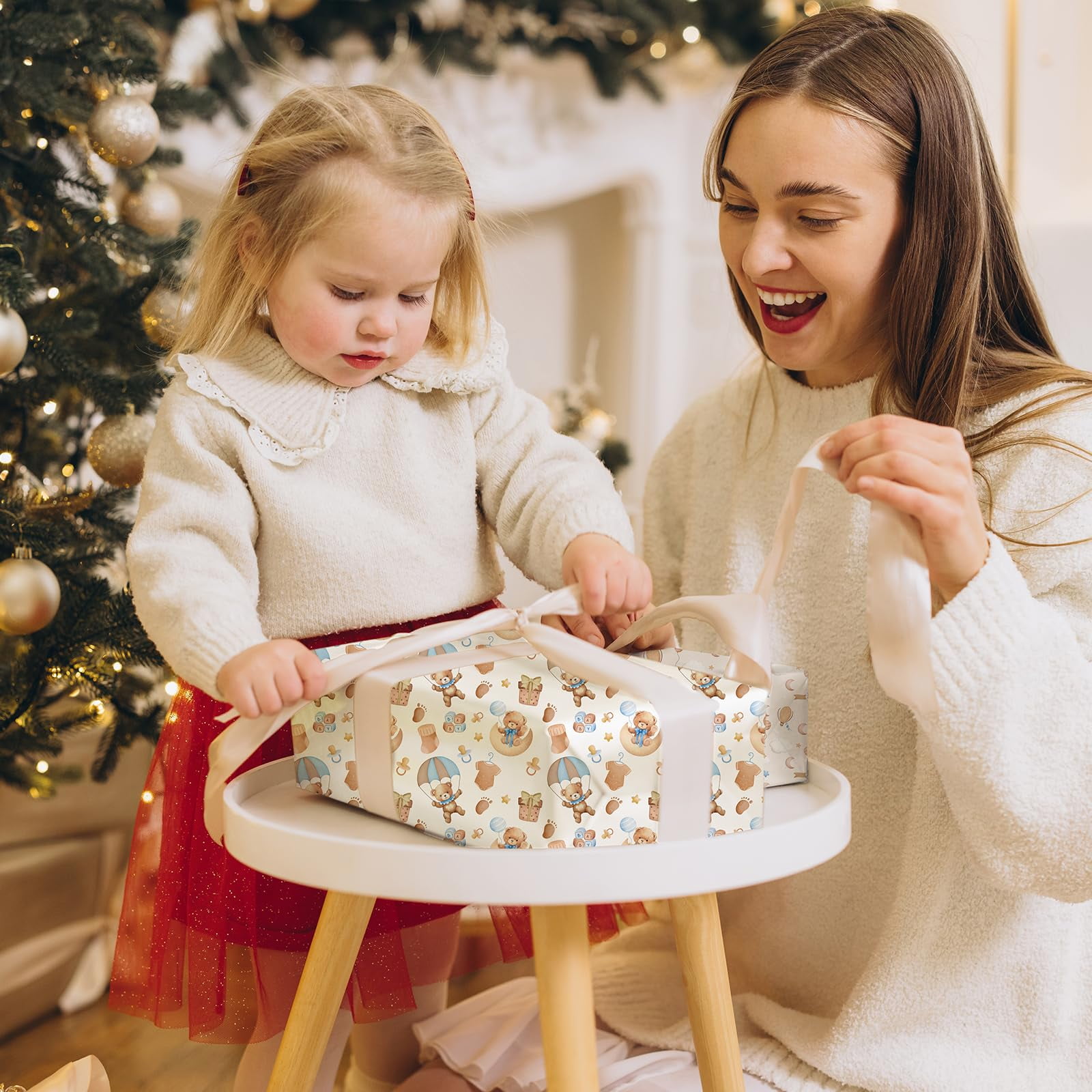 INCOK 12 Sheets AJH3Cute Bear Wrapping Paper - Baby Shower Wrapping Papers with Hot Air Balloon 4 Design for Girls Boys Baptism Newborns Birthday Party, 19.7 x 27.6 inch