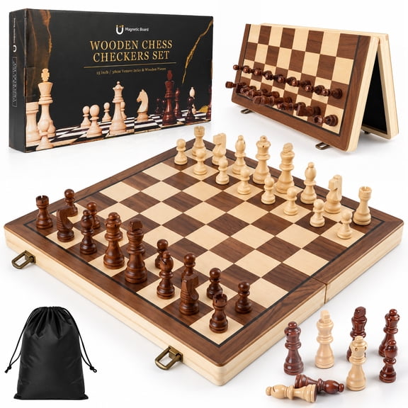 INCTUO 15 Inches Magnetic Wooden Chess Set, Folding Chess Board Games-2 Extra Queens-Pieces Storage Slots, Travel Chess Game Set for Adults & Beginner