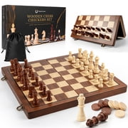 2 in 1 Magnetic Wooden Chess and Checkers Board Game Set, 15 Folding Chess Boards-2 Extra Queens-Portable Travel Chess Sets with Pieces Storage Slots, Beginner Chess Game Set for Adults(Walnut）