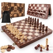 INCTUO 15" Magnetic Wooden Chess Set 2 in 1 Folding Chess Board Games-2 Extra Queens- with Algebraic Coordinates & Pieces Storage Slots, Travel Chess Game Set f