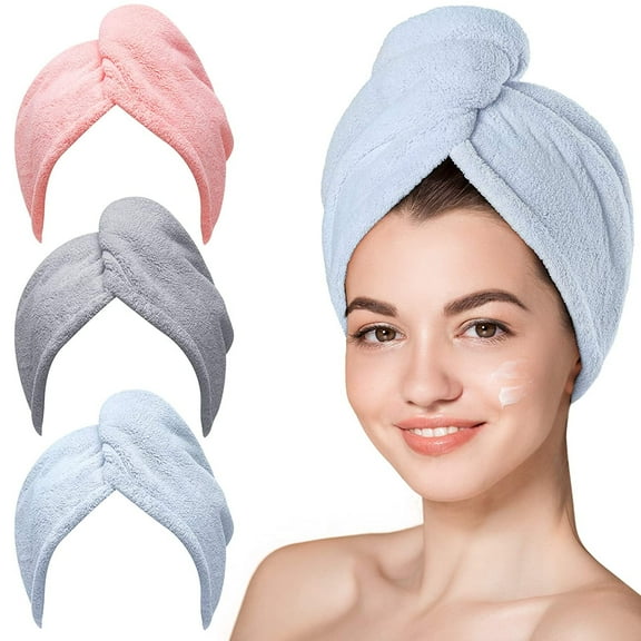 INCTUO 3 Packs Microfiber Hair Towel, Hair Turbans for Wet Hair, Drying Hair Wrap Towels for Curly Hair Women Anti Frizz (Blue,Grey,Pink)