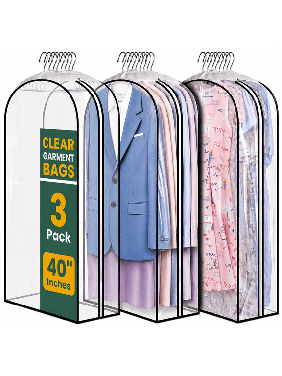 Clear Garment Bags for Hanging Clothes 40" Suit Bags for Closet Storage Hanging Clothes Storage Suit Cover for Shirts, Coats, Dresses, 3 Packs