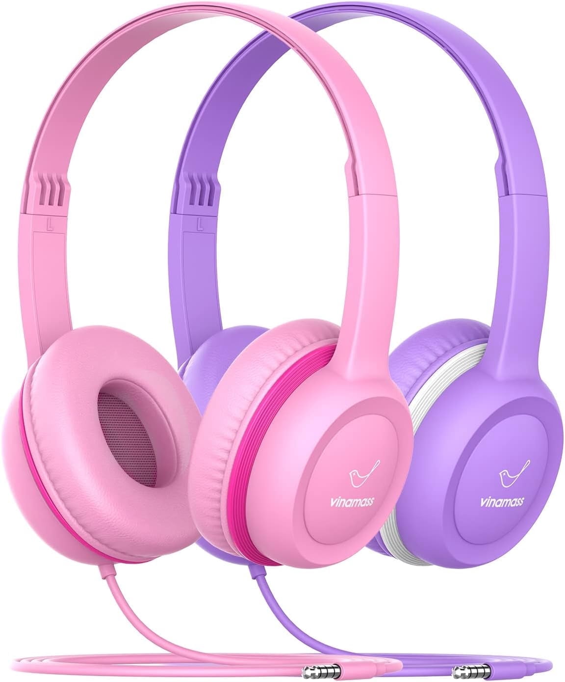 Vinamass 2pack Kids Headphones with 85dB Volume Limit, On-Ear Headphones, Adjustable and Flexible for Toddlers to Adults, Suitable for School Classroom Students, Teens and Children (purple & pink)