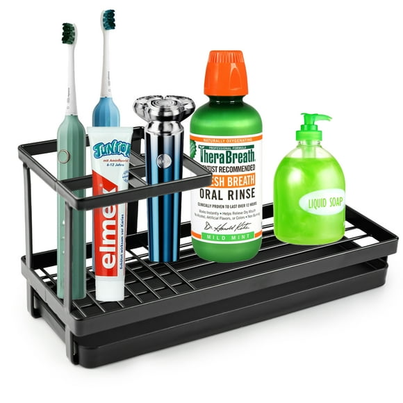 INCTUO Toothbrush Holders for Bathrooms, 4 Slots Rustproof Metal Tooth Brushing Organizer with Drainage, Electric Tooth Brush Toothpaste Holder for Bathroom Countertop, Black