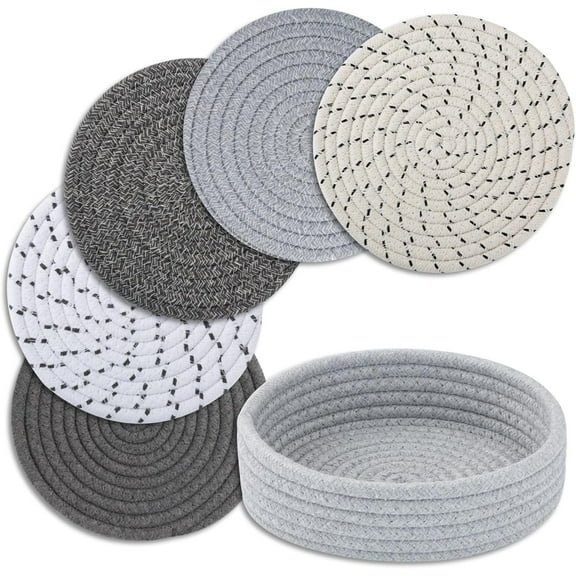 INCTUO Trivets for Hot Dishes, Pots and Pans, Hot Pads with Storage Basket, Pot Holders for Kitchen, Heat Resistant Mat Protect Counter Home Essentials, Farmhouse Decor (Mix Gray 5 PCS)