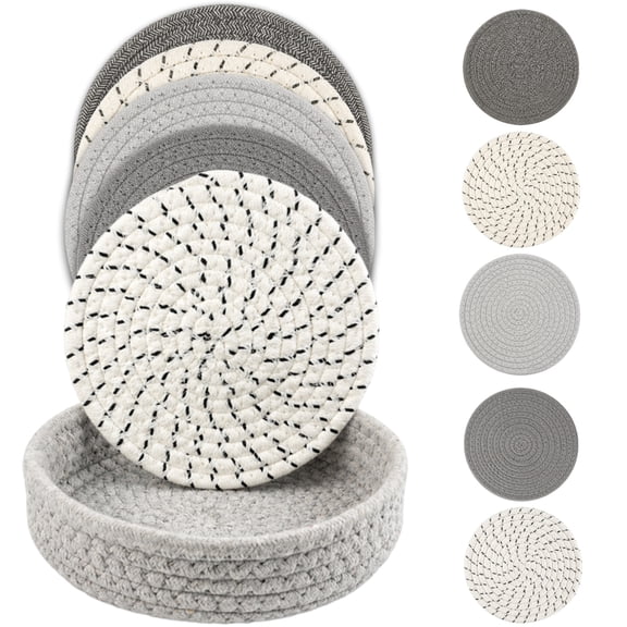 INCTUO Trivets for Hot Dishes, Pots and Pans, Hot Pads with Storage Basket, Pot Holders for Kitchen, Heat Resistant Mat Protect Counter Home Essentials, Farmhouse Decor (Mix Gray 5 PCS)