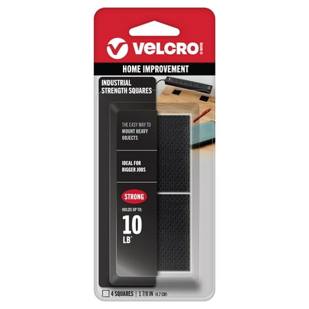 VELCRO Brand Industrial Strength Squares, Heavy Duty Indoor & Outdoor Use, Superior Holding Power on Smooth Surfaces, 1 7/8in Squares, Black, 4 Count