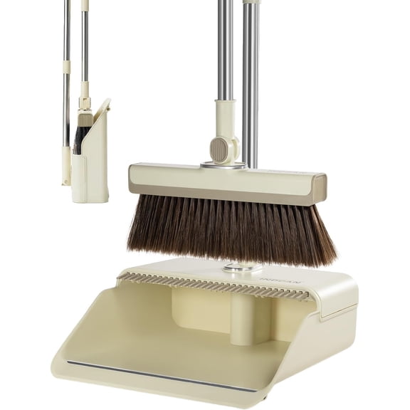 INDCAN Broom and Dustpan Set for Home, 54 Inch Long Handle Upright Broom, Rotatable Broom Head with Magnetic Mount & Self-Cleaning Teeth Comb, Indoor Floor Sweeping Set (Santra Pro) - Ivory